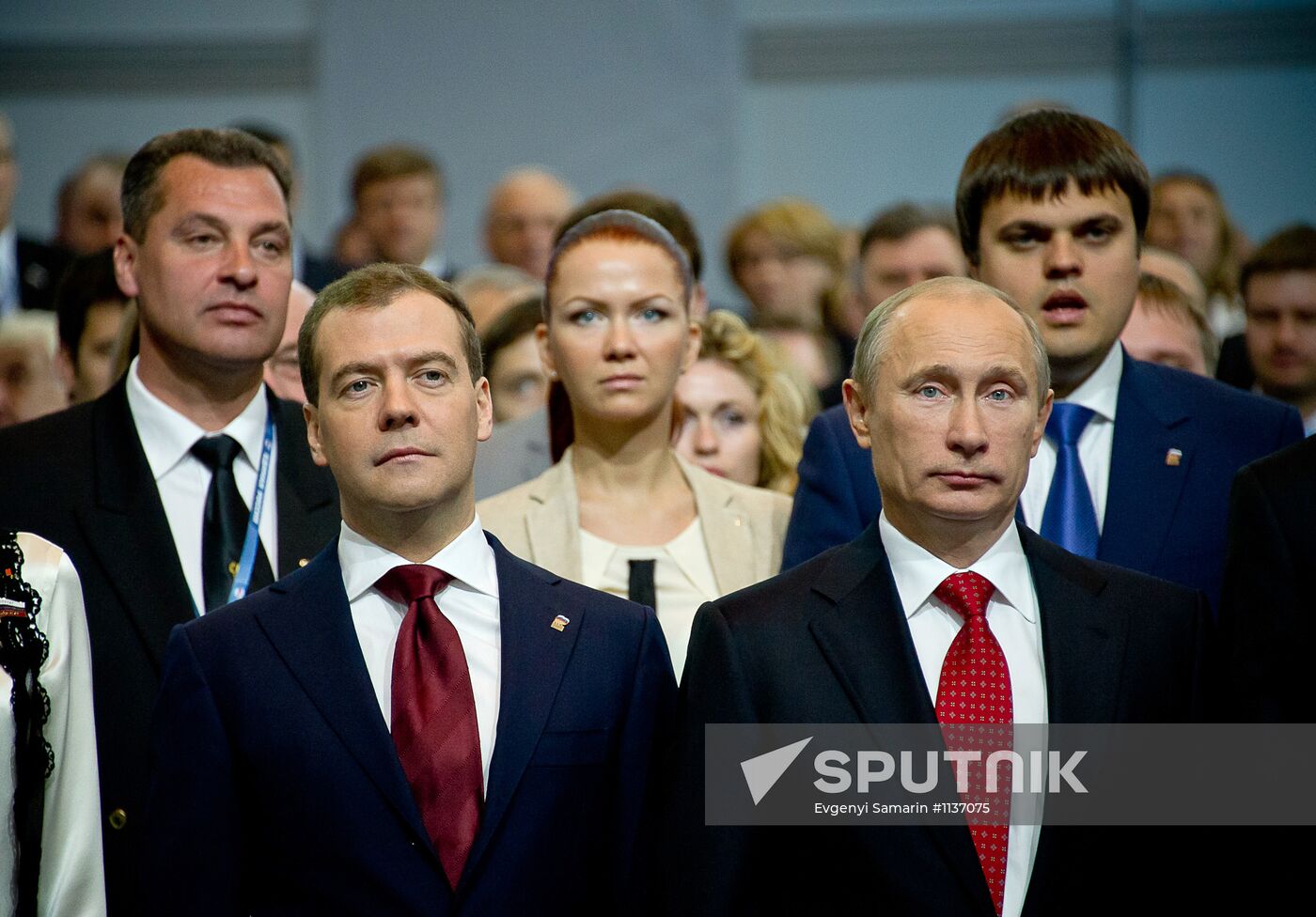V. Putin and D. Medvedev at 13th United Russia conference