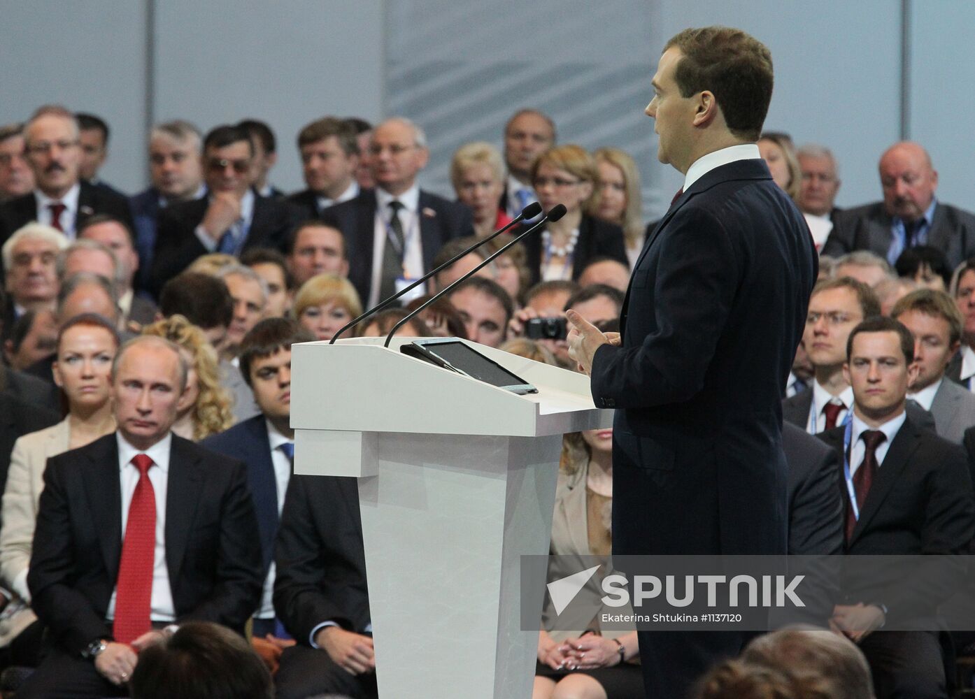 V. Putin and D. Medvedev at 13th United Russia conference