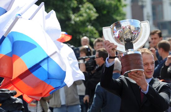 Celebrating Russian national hockey team's victory, Moscow