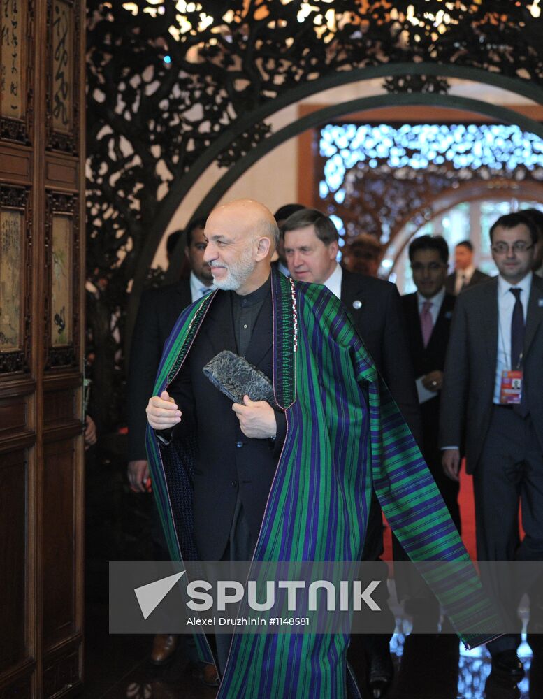 Vladimir Putin talks with Hamid Karzai