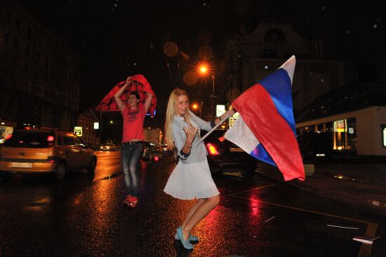 Celebrating victory of Russian football team on Moscow streets