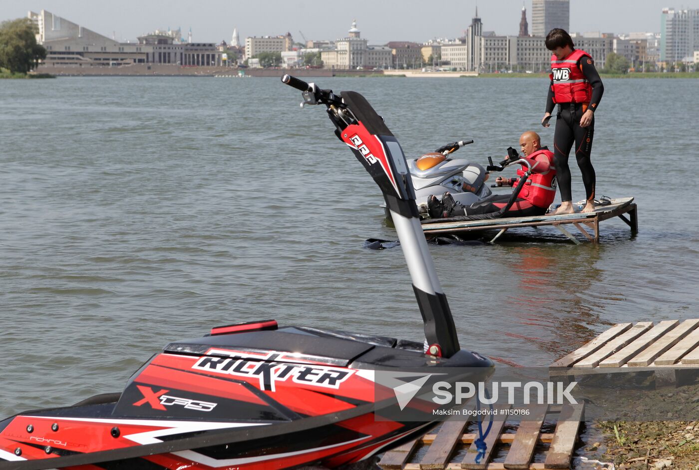 Flights over the lake on jet water board
