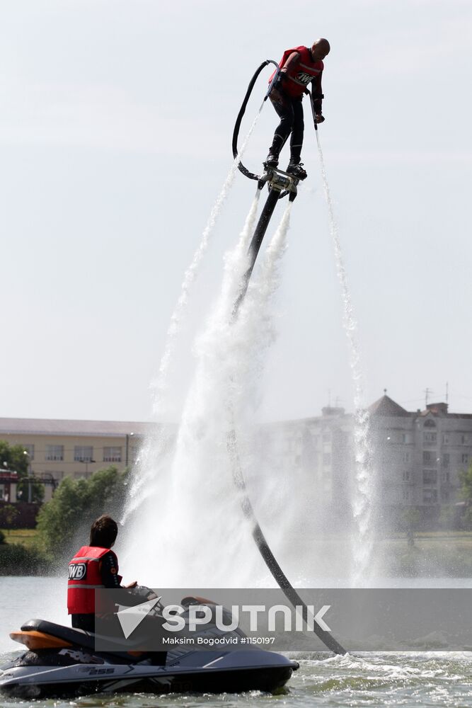 Flights over the lake on jet water board