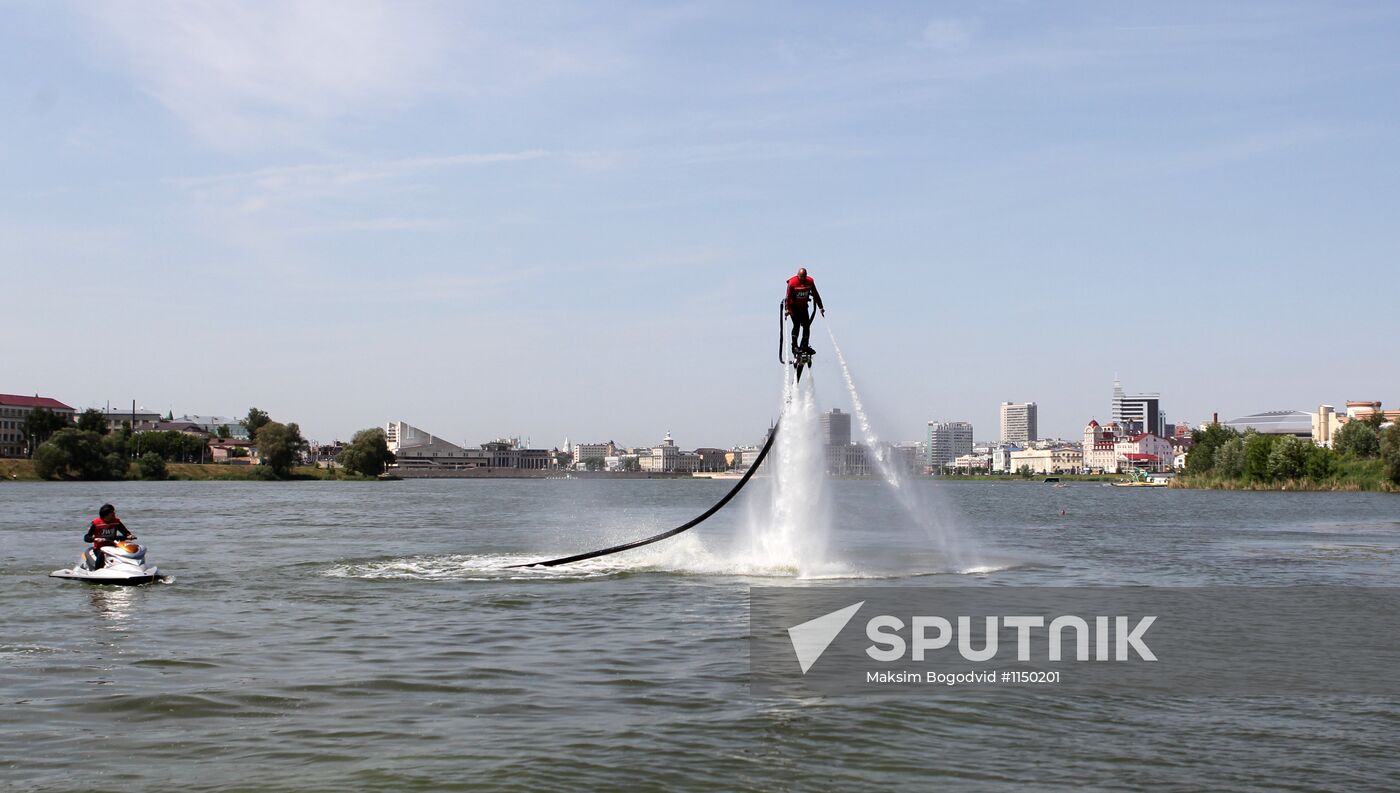 Flights over the lake on jet water board