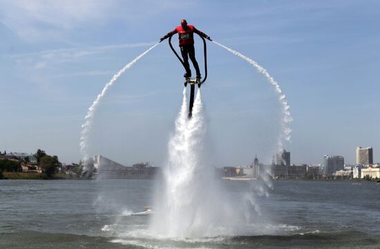 Flights over the lake on jet water board