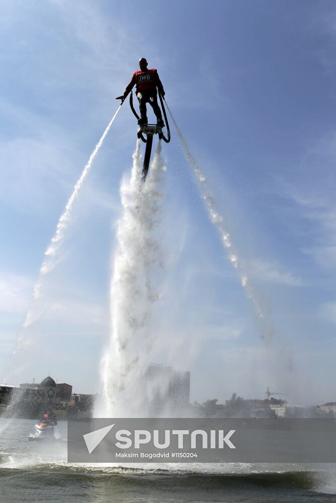 Flights over the lake on jet water board