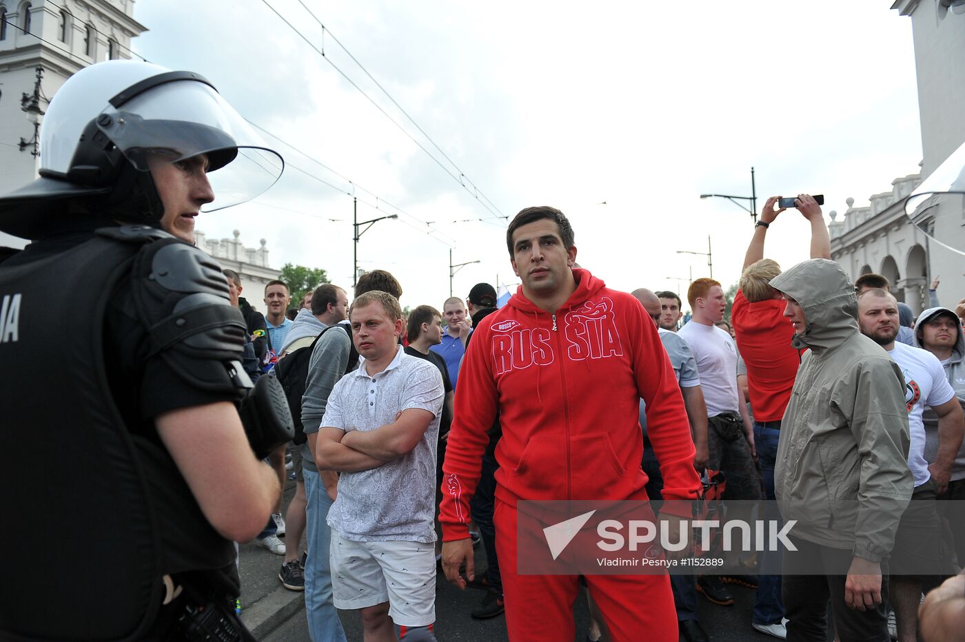 Russian fans march in Warsaw