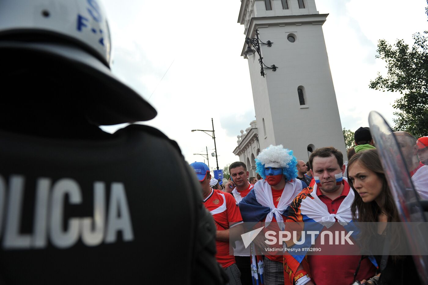 Russian fans march in Warsaw