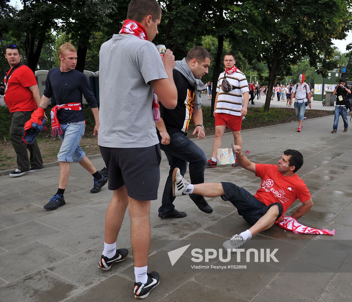 Russian fans march in Warsaw