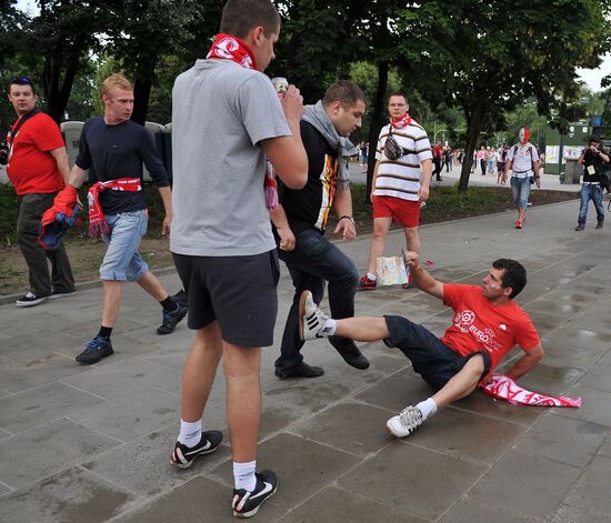 Russian fans march in Warsaw