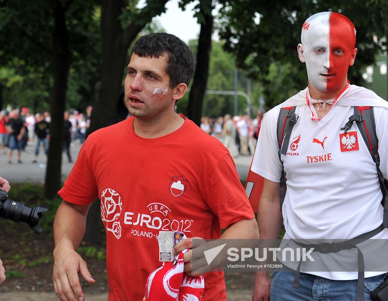 Russian fans march in Warsaw