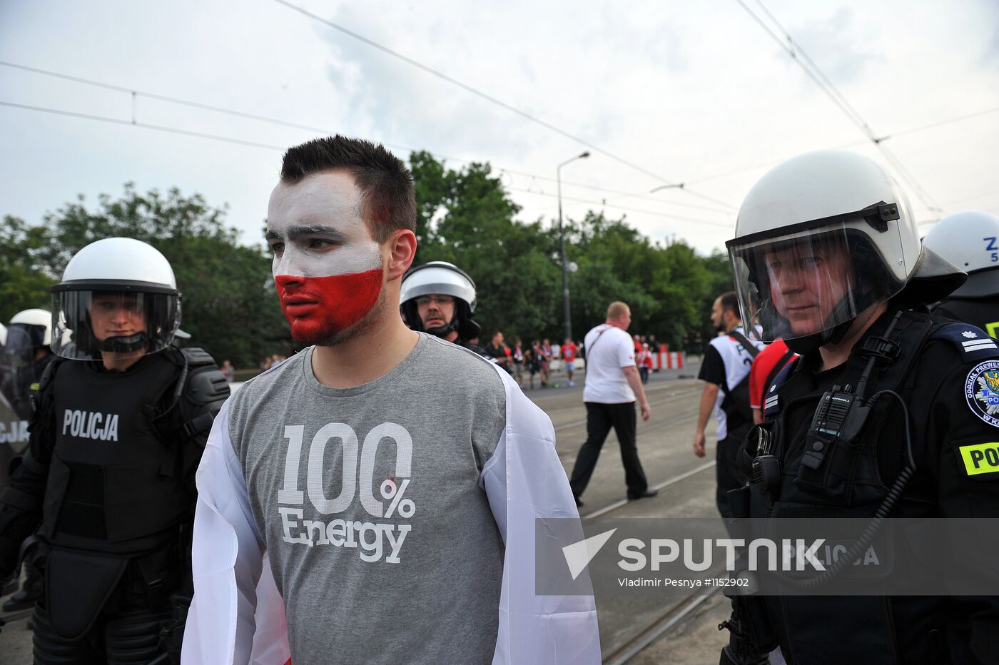 Russian fans march in Warsaw