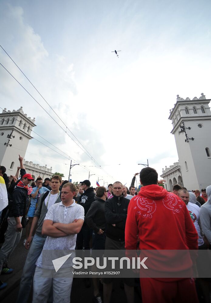 Russian fans march in Warsaw