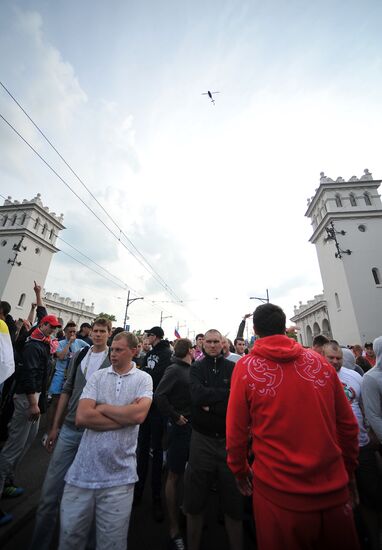 Russian fans march in Warsaw