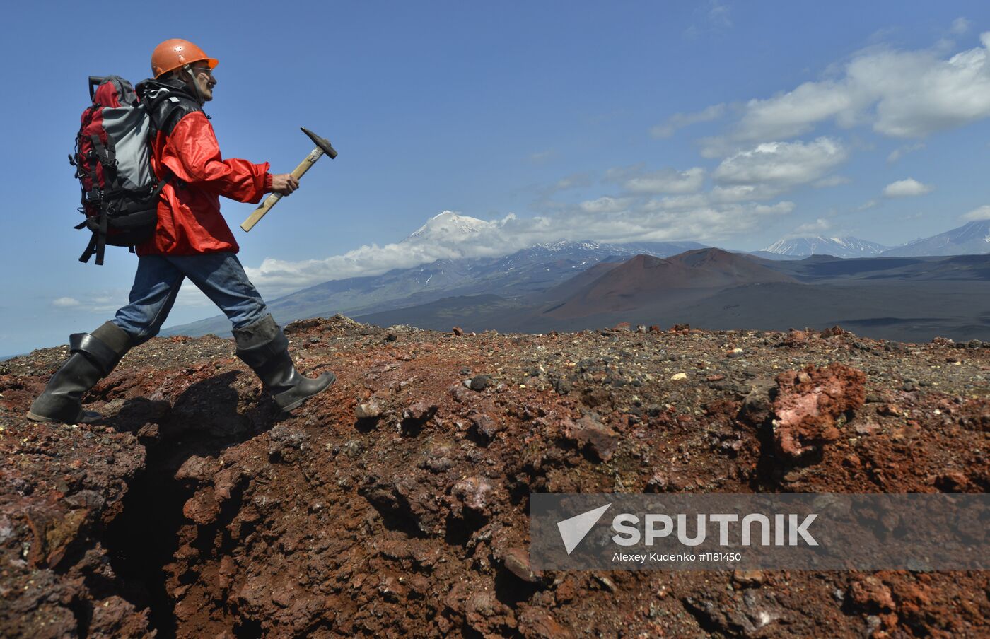 Volcanists work in GTFE area in Kamchatka