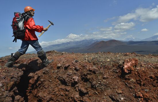 Volcanists work in GTFE area in Kamchatka