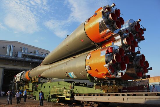 Soyuz-FG rocket with Canopus and BKA satellites set on launchpad