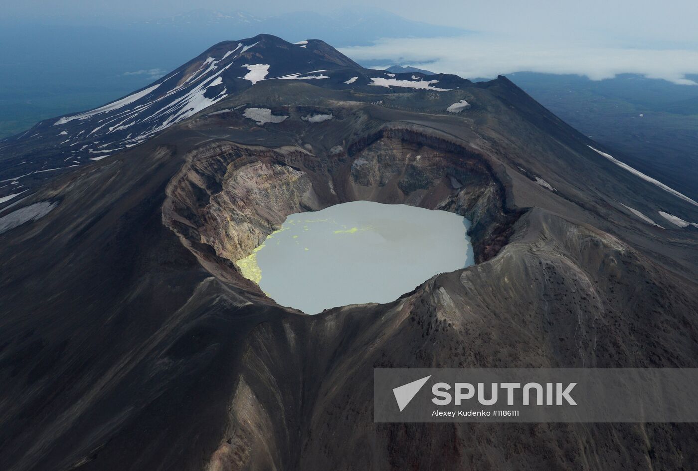 Crater lake on Maly Semyachek volcano in Kamchatka