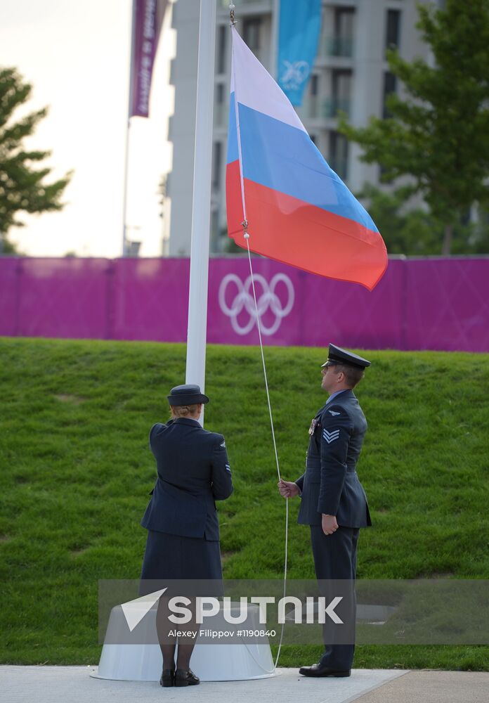 Russian flag raised in the Olympic Village in London