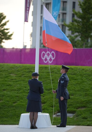 Russian flag raised in the Olympic Village in London