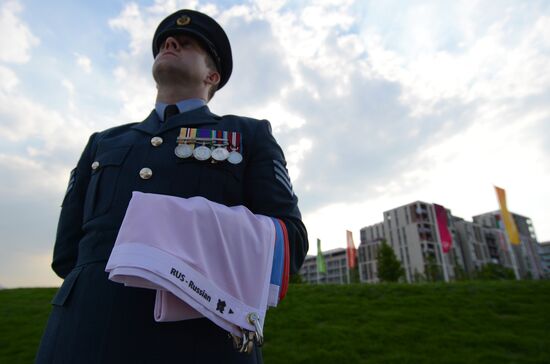 Russian flag raised in the Olympic Village in London