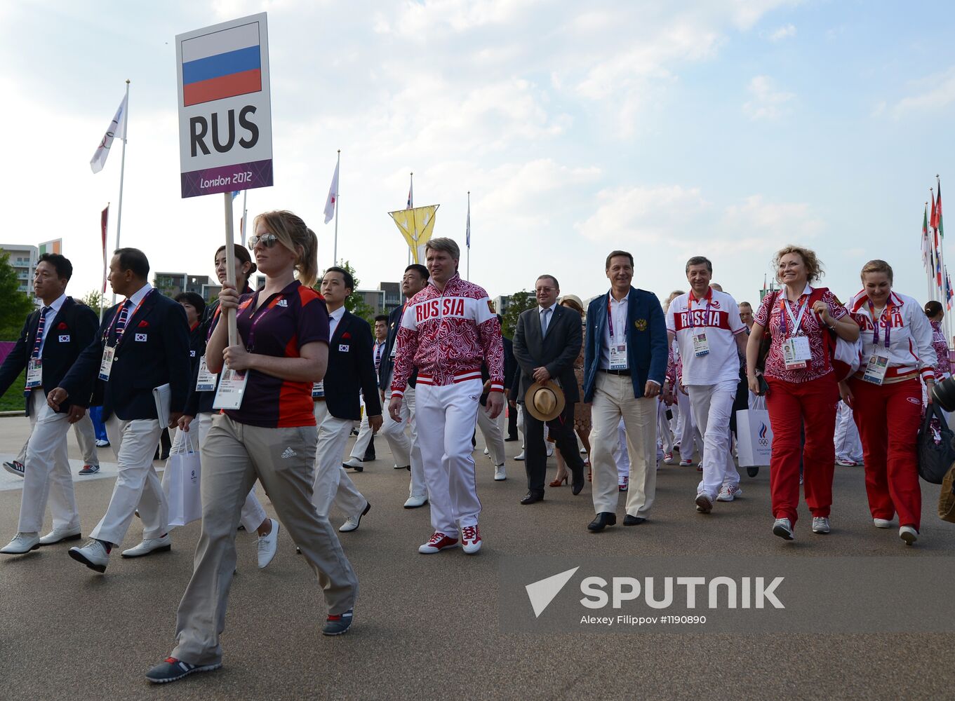 Russian flag raised in the Olympic Village in London