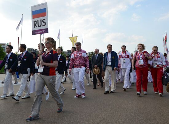 Russian flag raised in the Olympic Village in London