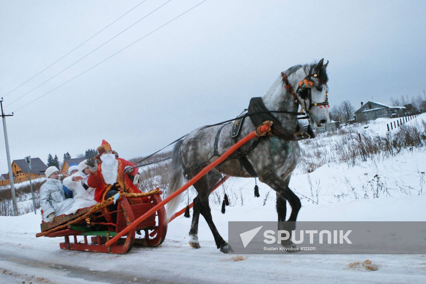 New Year Father Frost horse riding winter snow