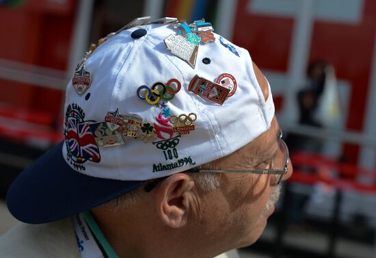 Collectors of Olympic badges at Olympic Park in London