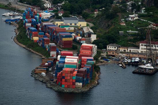 Vladivostok and Russky Island as seen from helicopter