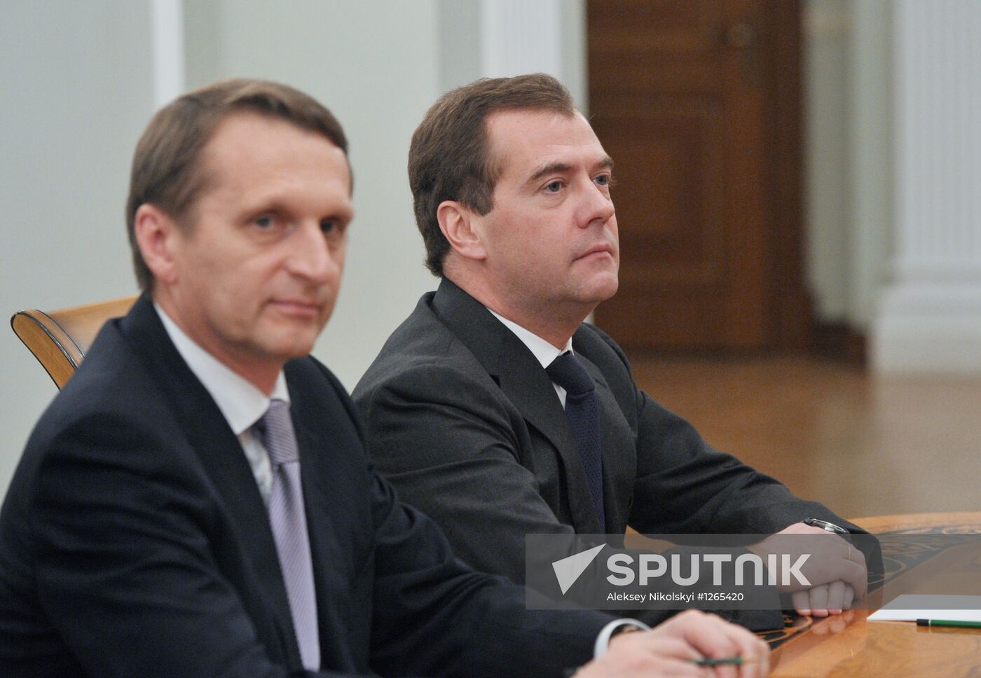 Prime Minister Dmitry Medvedev, right, and State Duma Speaker Sergei Naryshkin at a meeting of the Security Council chaired by President Vladimir Putin. Location: Russia, Moscow region, Novo-Ogaryovo. Author: Aleksey Nikolskyi/Sputnik. President Vladimir Putin at Security Council meeting