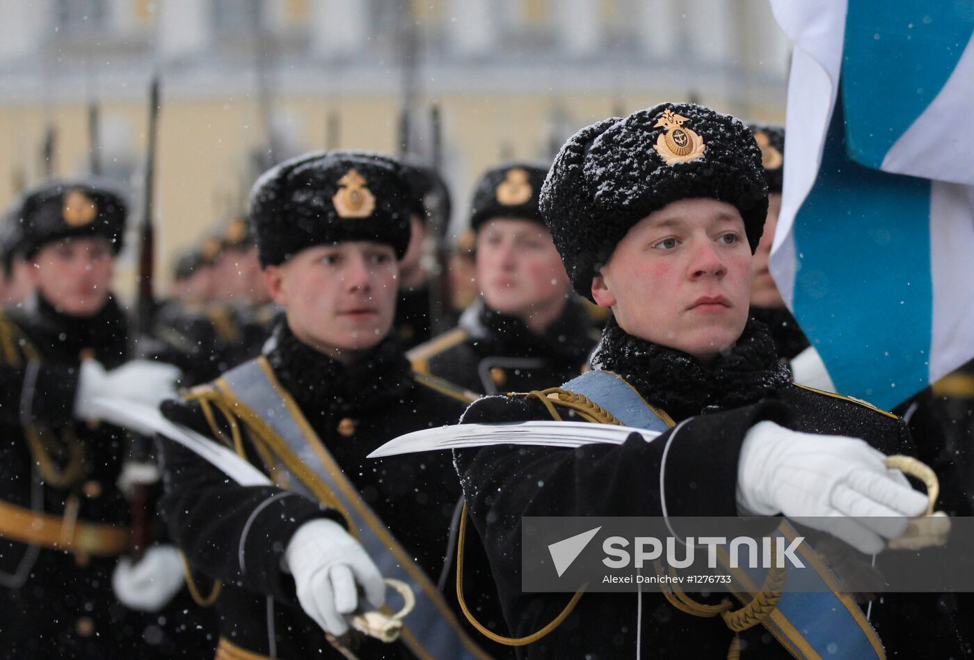 Raising Andreevsky flag on spire of Admiralty in St. Petersburg