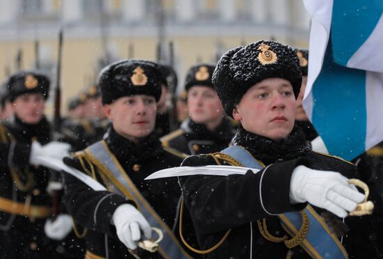 Raising Andreevsky flag on spire of Admiralty in St. Petersburg