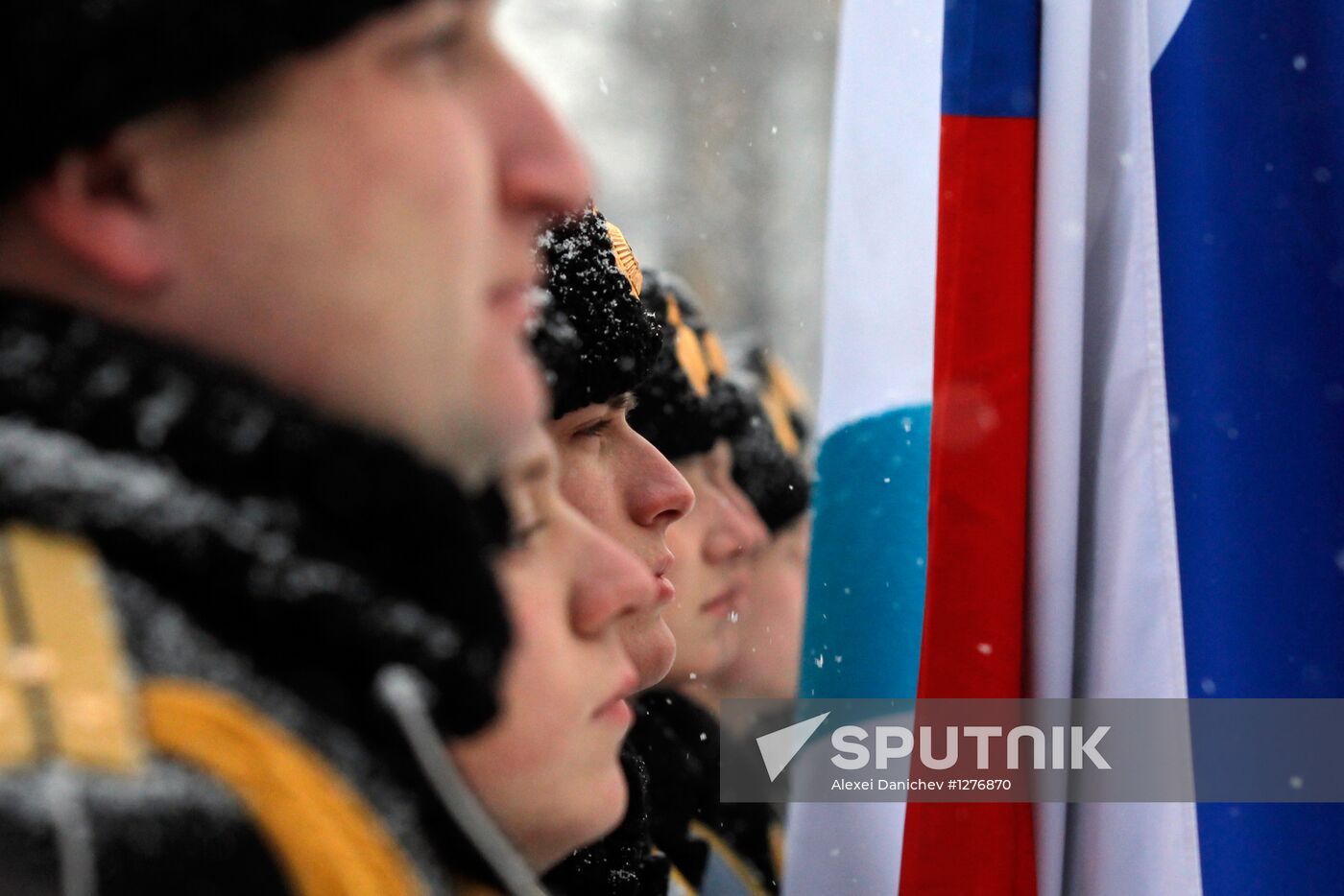Raising Andreevsky flag in spire of Admiralty in St. Peterburg