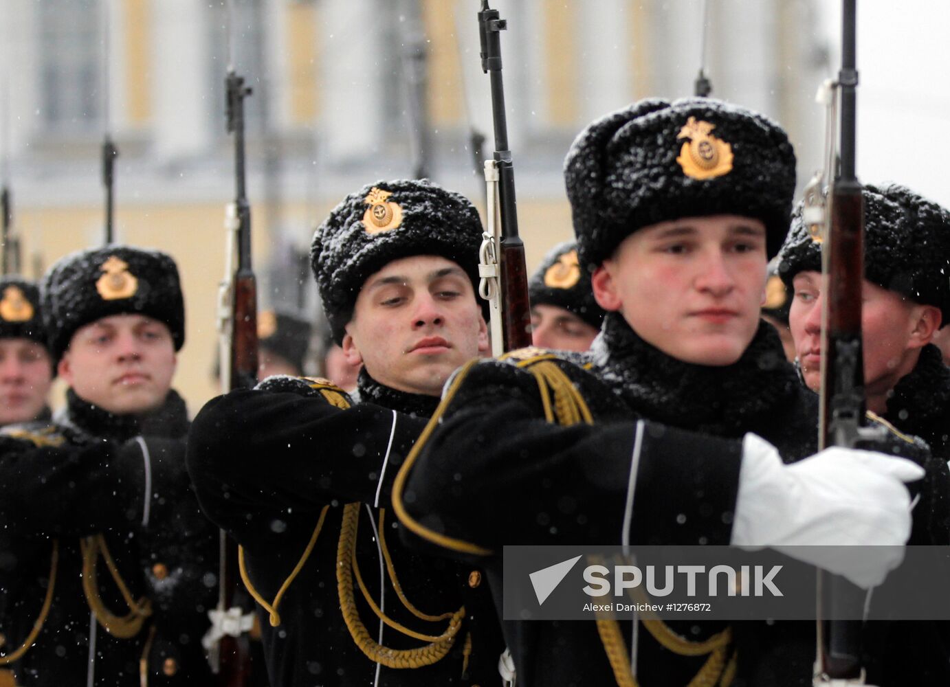 Raising Andreevsky flag in spire of Admiralty in St. Peterburg