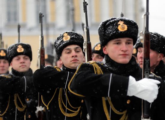 Raising Andreevsky flag in spire of Admiralty in St. Peterburg