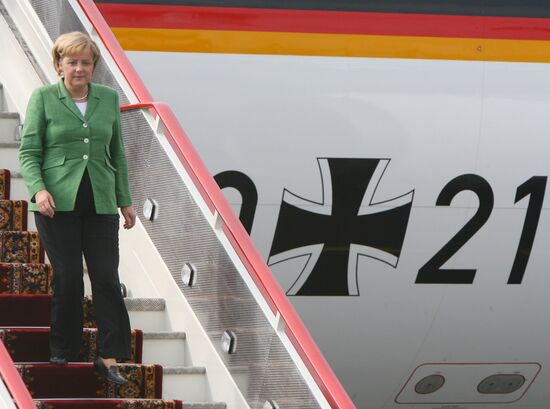 GERMAN FEDERAL CHANCELLOR ANGELA MERKEL ARRIVES IN ST. PETERSBUR