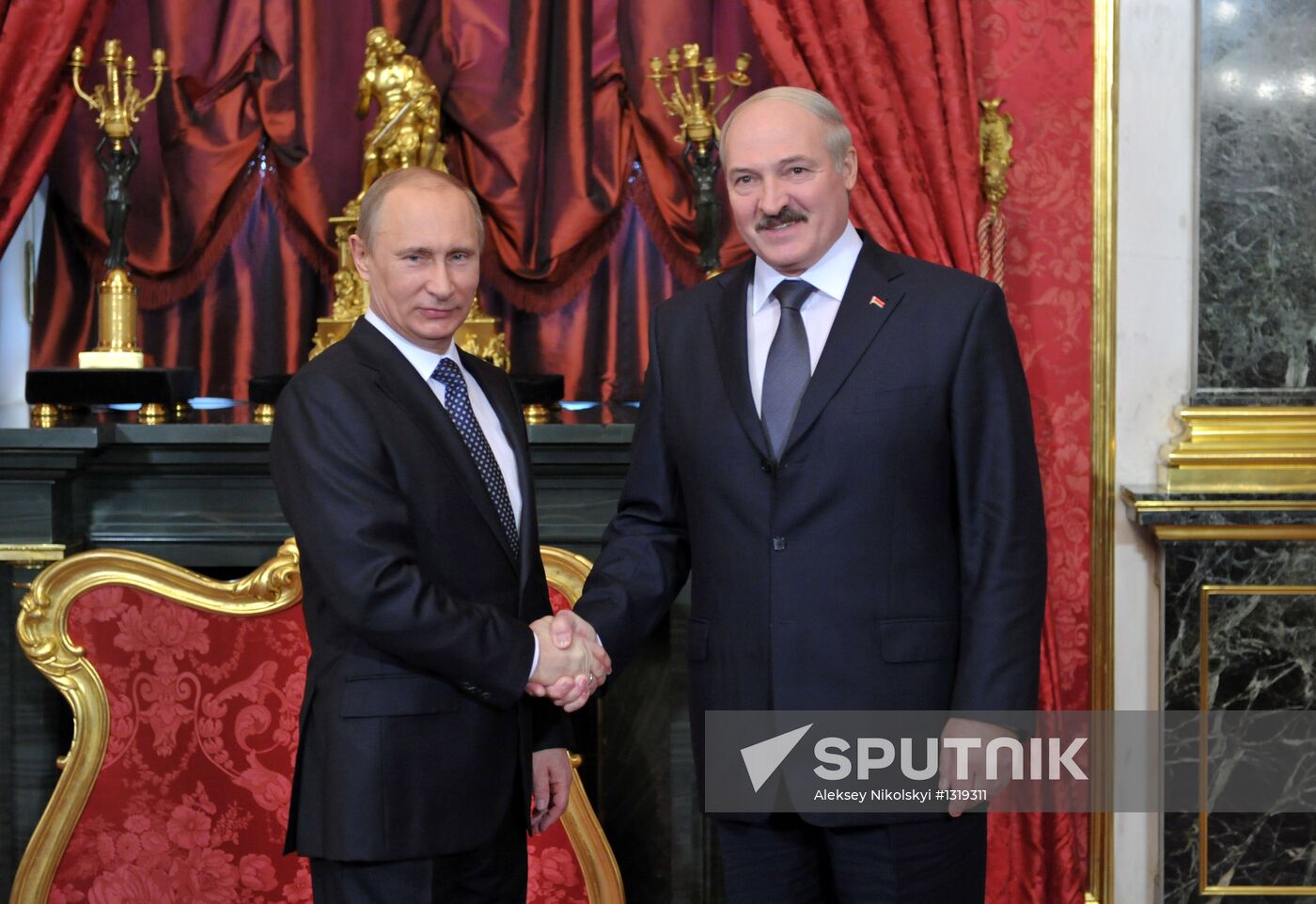 December 19, 2012. President Vladimir Putin, left, before a meeting of the heads of the CSTO member countries, at the Kremlin. Right: Belarusian President Alexander Lukashenko. Location: Russia, Moscow. Author: Aleksey Nikolskyi/Sputnik. Vladimir Putin at CSTO Council meeting in the Kremlin