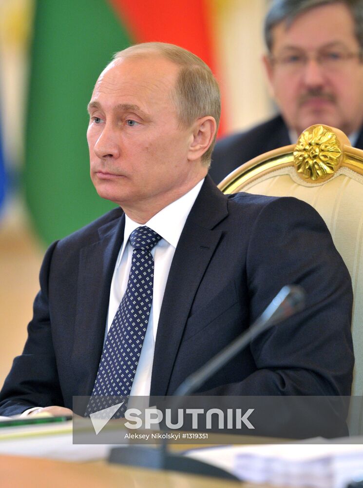 December 19, 2012. President Vladimir Putin at an expanded meeting of the CSTO Council, at the Kremlin. Location: Russia, Moscow. Author: Aleksey Nikolskyi/Sputnik. Vladimir Putin at CSTO Council meeting in the Kremlin