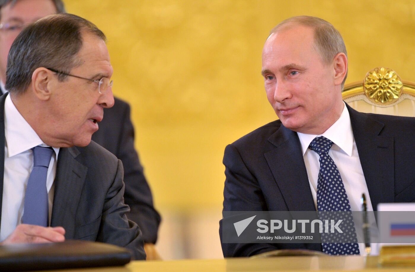 December 19, 2012. President Vladimir Putin, right, at an expanded meeting of the CSTO Council, at the Kremlin. Left: Russian Foreign Minister Sergei Lavrov. Location: Russia, Moscow. Author: Aleksey Nikolskyi/Sputnik. Vladimir Putin at CSTO Council meeting in the Kremlin