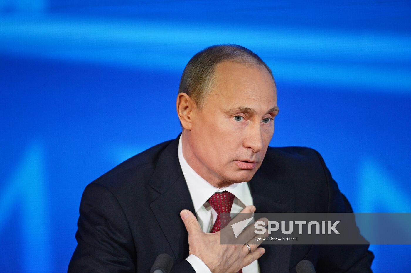 Russian President Vladimir Putin answers journalists' questions during the annual big news conference at the International Trade Center in Krasnaya Presnya, 20 December 2012. Location: Russia, Moscow. Author: Ilya Pitalev/Sputnik. Vladimir Putin gives news conference