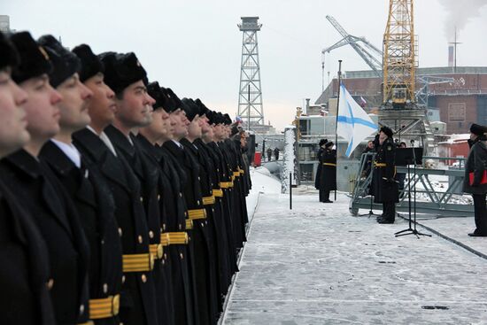 Flag-hoisting at Yury Dolgoruky nuclear-powered submarine