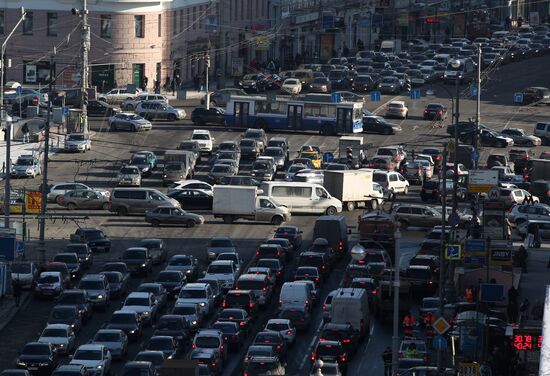 Traffic congestion in Tverskaya Street in Moscow