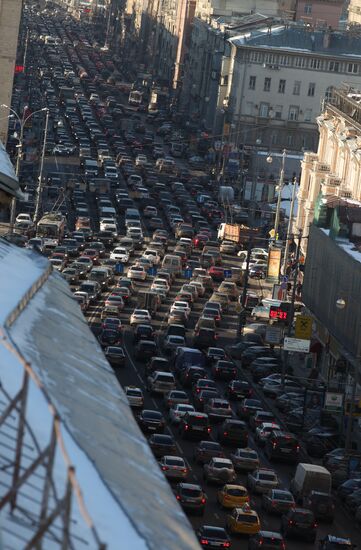 Traffic congestion in Tverskaya Street in Moscow