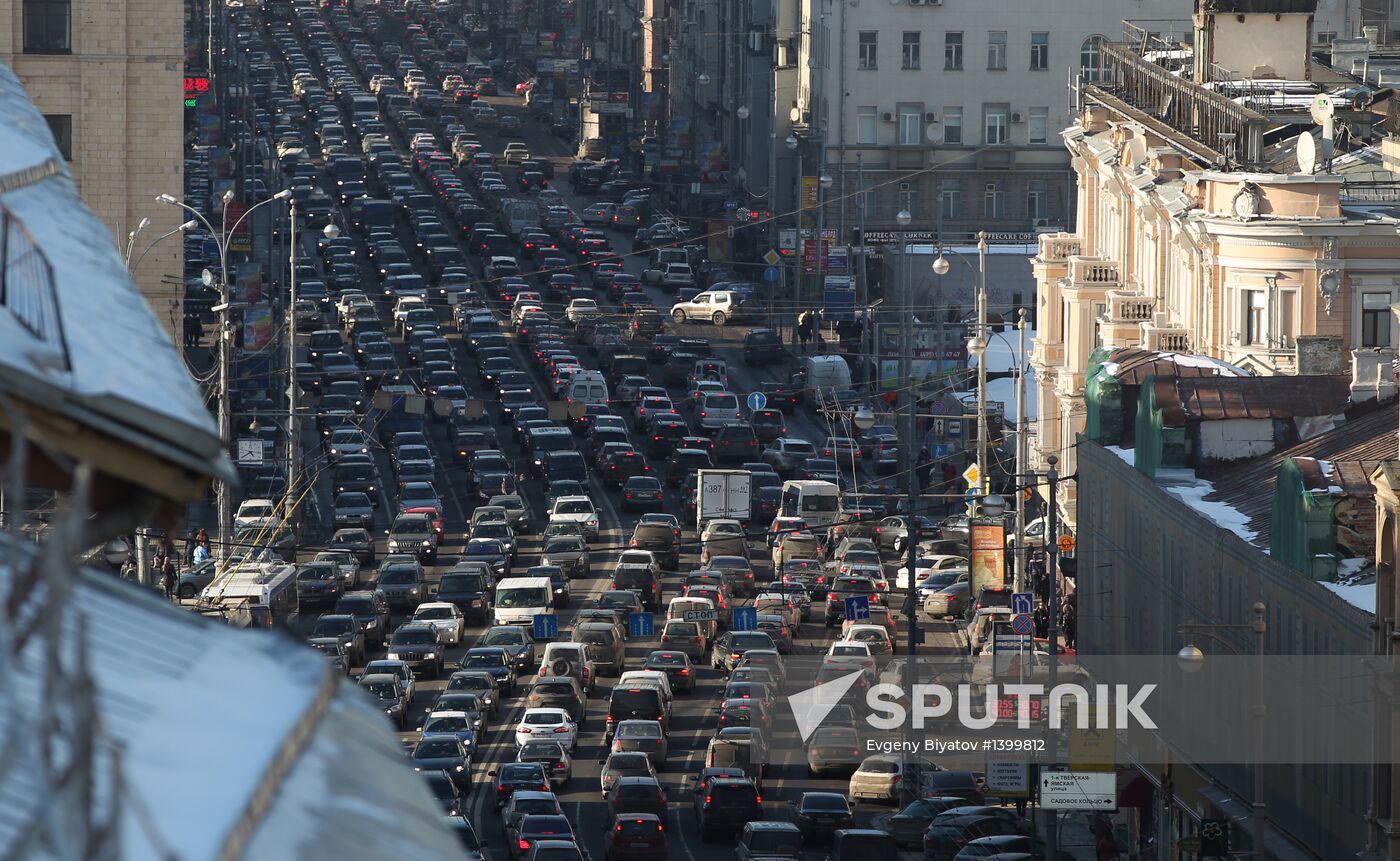 Traffic congestion in Tverskaya Street in Moscow