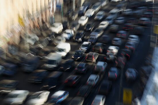 Traffic congestion in Tverskaya Street in Moscow