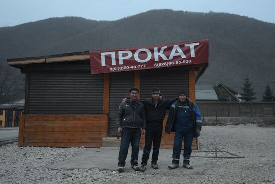 Workers at construction site of Gorki Gorod Olympic facility