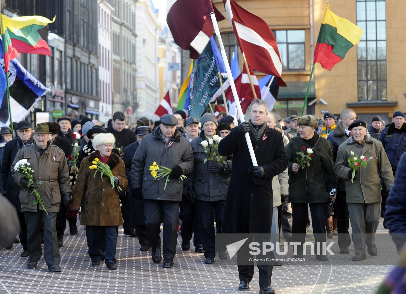 Latvian Waffen-SS Legion veterans march in Riga