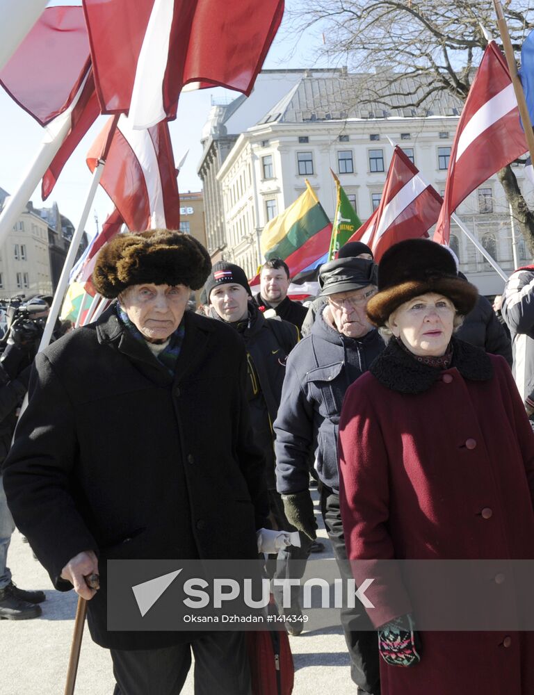 Latvian Waffen-SS Legion veterans march in Riga