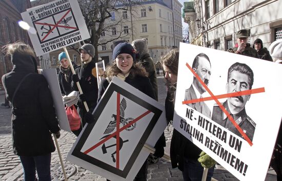 Latvian Waffen-SS Legion veterans march in Riga